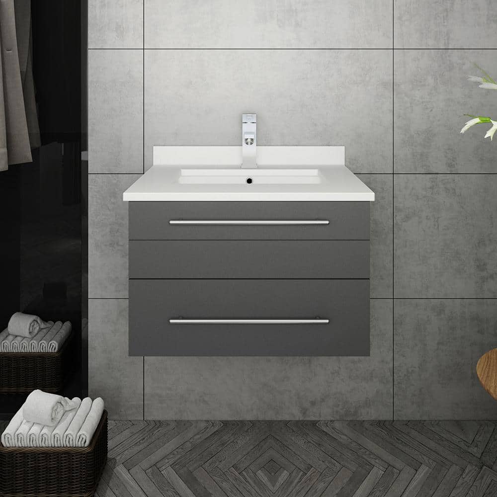 Lucera 24" Wall Hung Gray Quartz Top Modern Bathroom Vanity