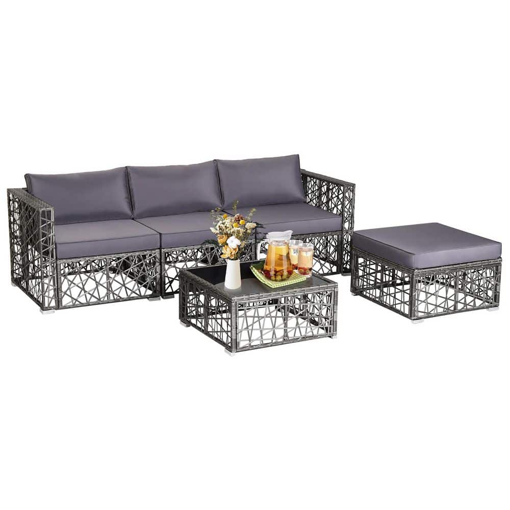 Costway 5Pieces Patio Metal PE Rattan Wicker Sofa Furniture Set