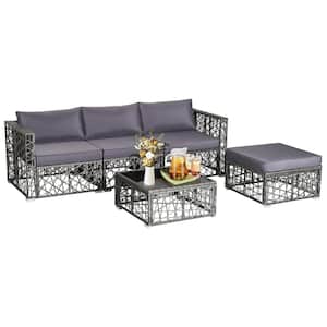 5-Pieces Patio Metal PE Rattan Wicker Sofa Furniture Set Cushioned Outdoor Grey