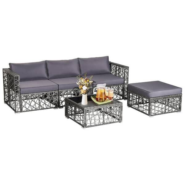 Costway 5-Pieces Patio Metal PE Rattan Wicker Sofa Furniture Set Cushioned Outdoor Grey