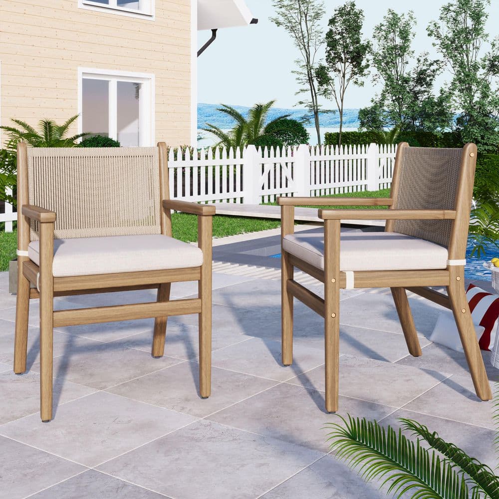 2-Piece Wood Outdoor Dining Chairs with Rope Design Back and White Water Re