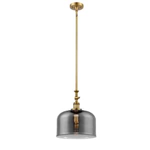 Bell 1-Light Brushed Brass Shaded Pendant Light with Plated Smoke Glass Shade