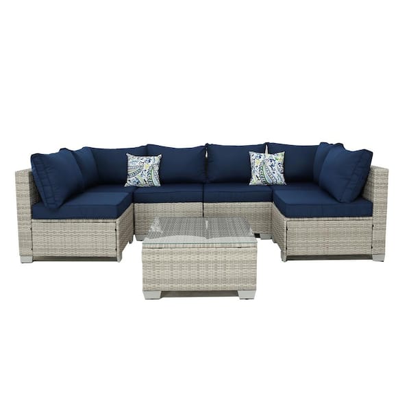 Zeus & Ruta 7-Piece Wicker Outdoor Rattan Sectional Sofa Set with Table and Dark Blue Cushions for Backyard