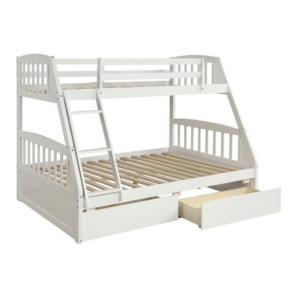 White Solid Wood Twin Over Full Bunk Bed with 2-Storage Drawers