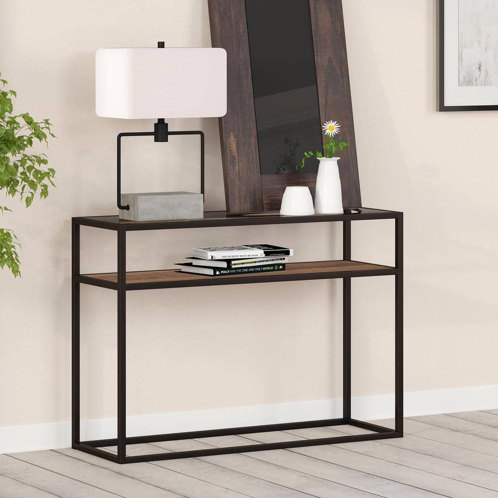 Addison Blackened Bronze 42" Glass Top Console Table with Oak Shelf