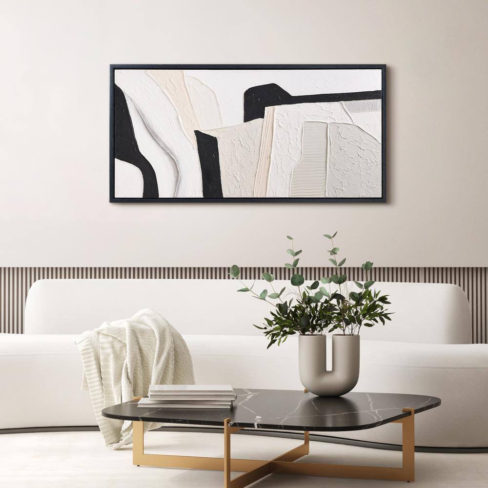 Monochrome Abstract Black and White Textured Canvas Painting, 24" x 48"