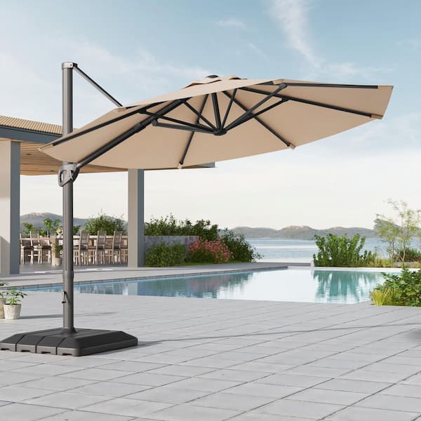 11 Feet Patio Cantilever Umbrella With a Base, Outdoor Offset Hanging 360° Rotation Aluminum Umbrellas, Sand