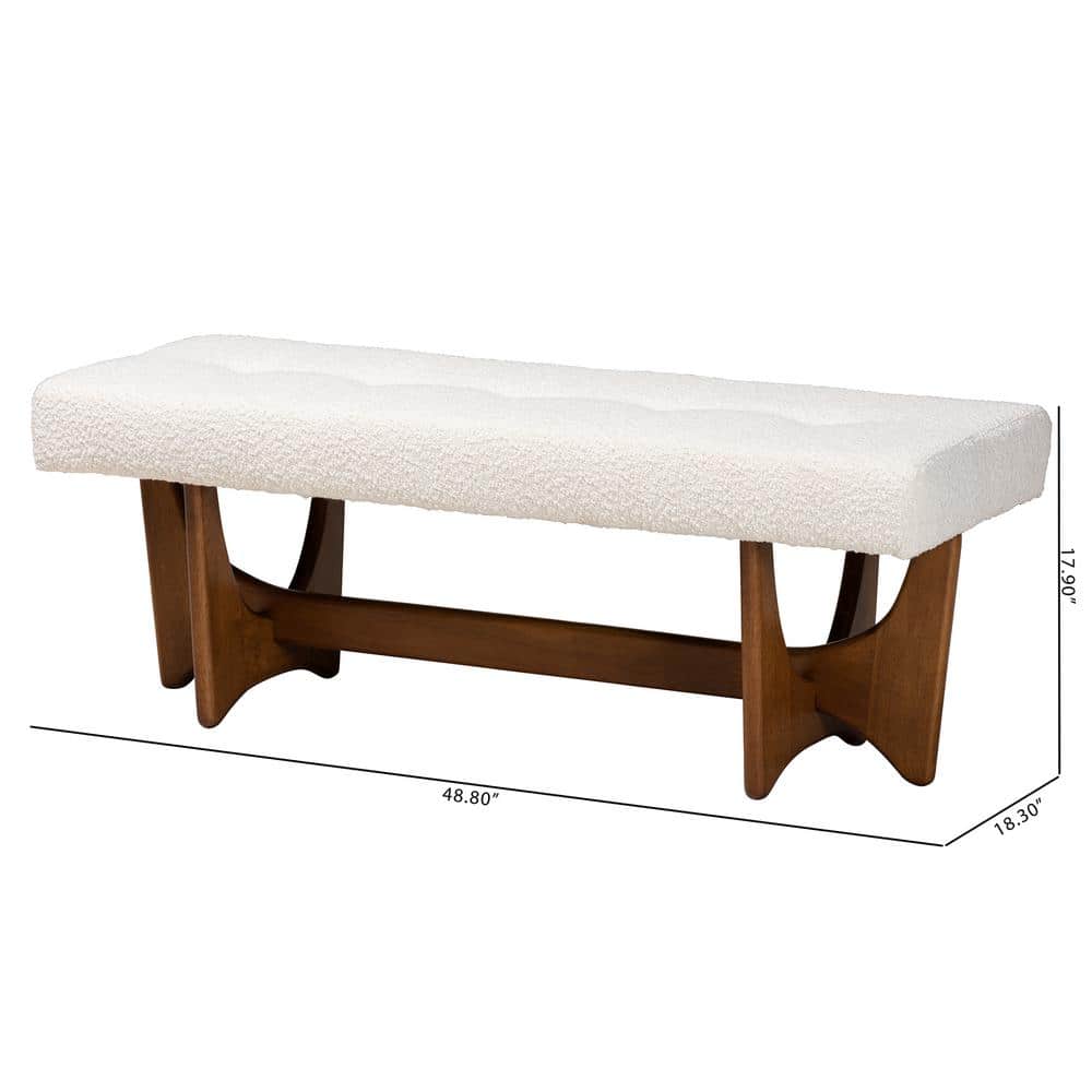 Cream Boucle Fabric and Walnut Wood Bench with Button-Tufted Seat