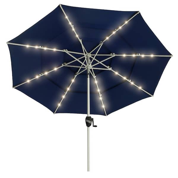 PASAMIC 9 Ft. 3 Tiers Aluminum Outdoor Patio Umbrella Market Umbrella with Push Button Tilt & LED lights in Navy Blue