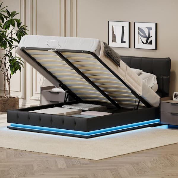 Harper & Bright Designs Black Wood Frame Queen Size PU Leather Upholstered Platform Bed with Hydraulic Storage Space, RGB LED Light