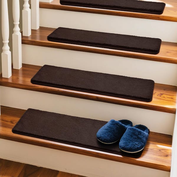 PURE ERA Plush Dark Brown 8 in. x 30 in. x 1 in. Carpet Stair Tread Cover Self Adhensive Reusable Indoor Mat Rug Set of 12