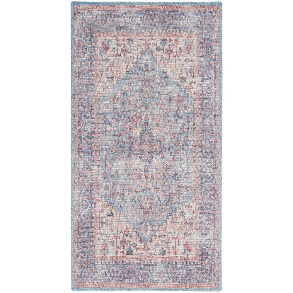 Vintage Blue and Multicolor Floral Cotton Chenille Rug 3' x 5'
