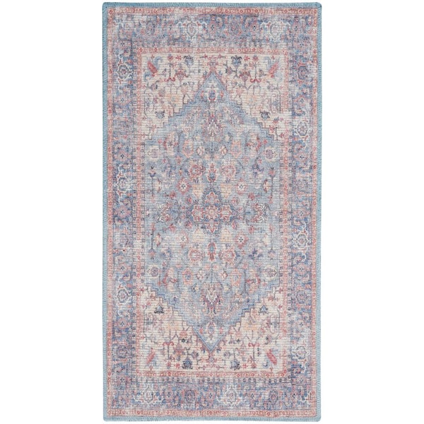 Unbranded Machine Washable Series 1 Blue Multicolor 3 ft. x 5 ft. Bordered Traditional Area Rug