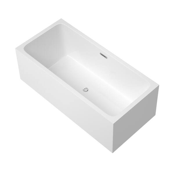 Maincraft Freestanding 59 in. Acrylic Flatbottom Rectangular Center Drain Bathtub in White with Overflow and Pop-up Drain
