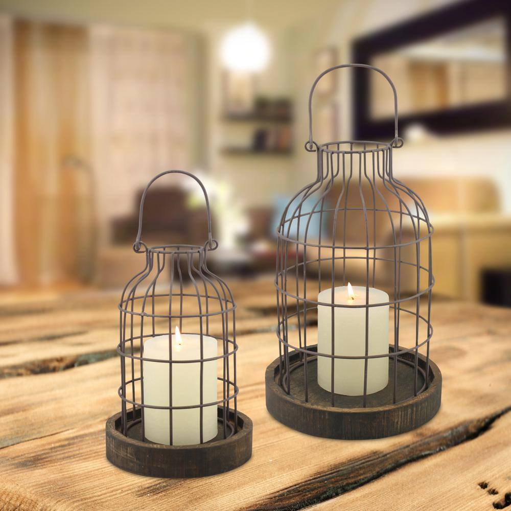 Rustic Brown Metal Wire Candle Lantern Set with Wooden Base