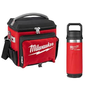 21 Qt. Soft Sided Jobsite Lunch Cooler with PACKOUT Red 18 oz. Insulated Bottle with Chug Lid