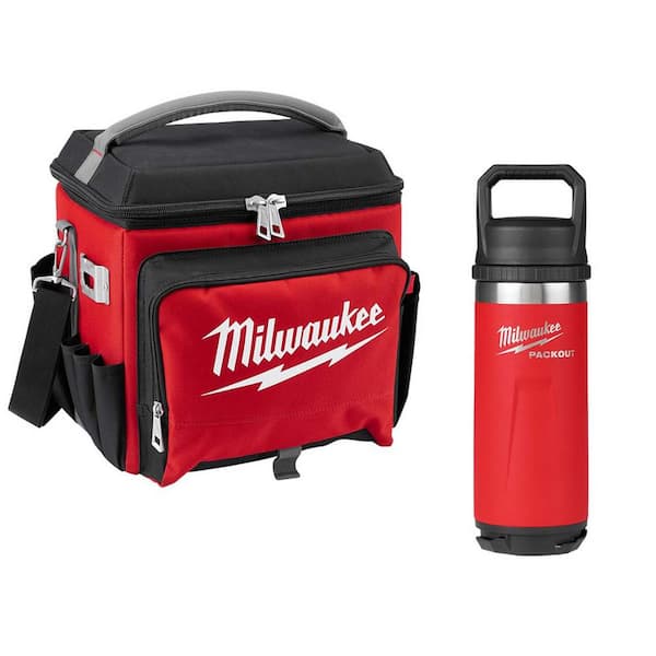 Milwaukee 21 Qt. Soft Sided Jobsite Lunch Cooler with PACKOUT Red 18 oz. Insulated Bottle with Chug Lid
