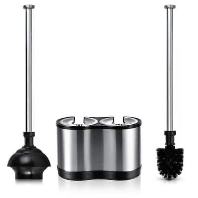 Modern Deluxe Freestanding Toilet Brush and Plunger Combo in Matte Stainless Steel