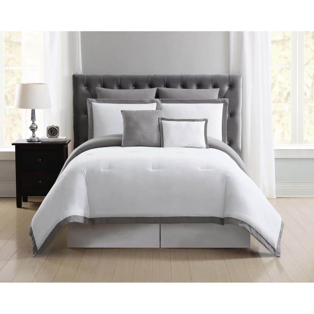 7 Piece Caron Embossed and Pleated Comforter Set Bed-In-A-Bag Queen, Gray 