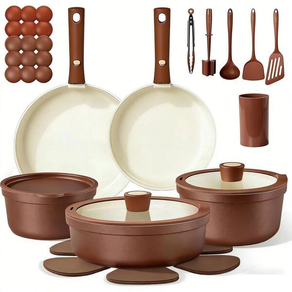 22-Piece Non Stick Ceramic Cookware Set in Brown with Removable Handles, Oven and Dishwasher Safe, Induction Compatible
