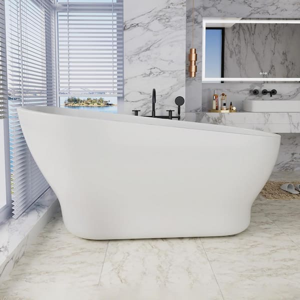 INSTER 63 in. Acrylic Oval Shaped Freestanding Flatbottom Non-Whirlpool Soaking Bathtub Top Sloping Design in White