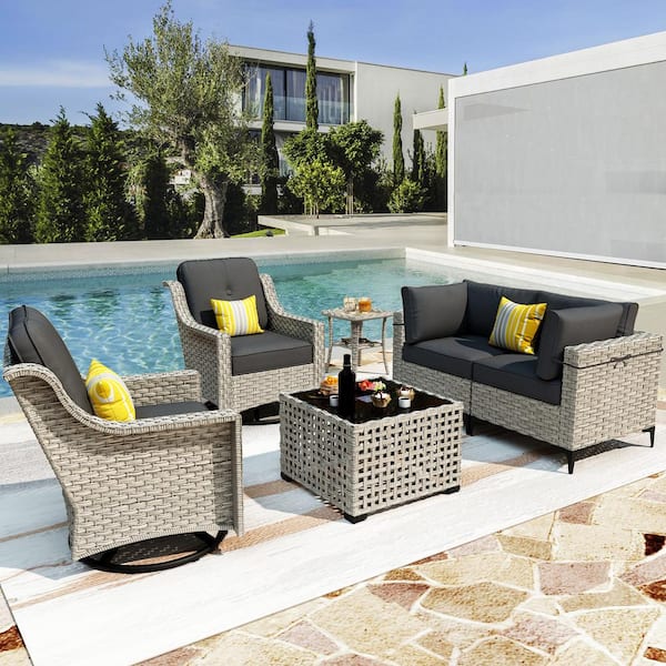 XIZZI Thor 6-Piece Wicker Patio Conversation Seating Sofa Set with Black Cushions and Swivel Rocking Chairs