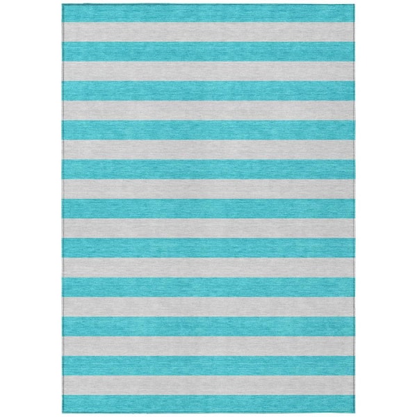 Turquoise 5 ft. x 8 ft. Woven Striped Polyester Rectangle Indoor/Outdoor Area Rug