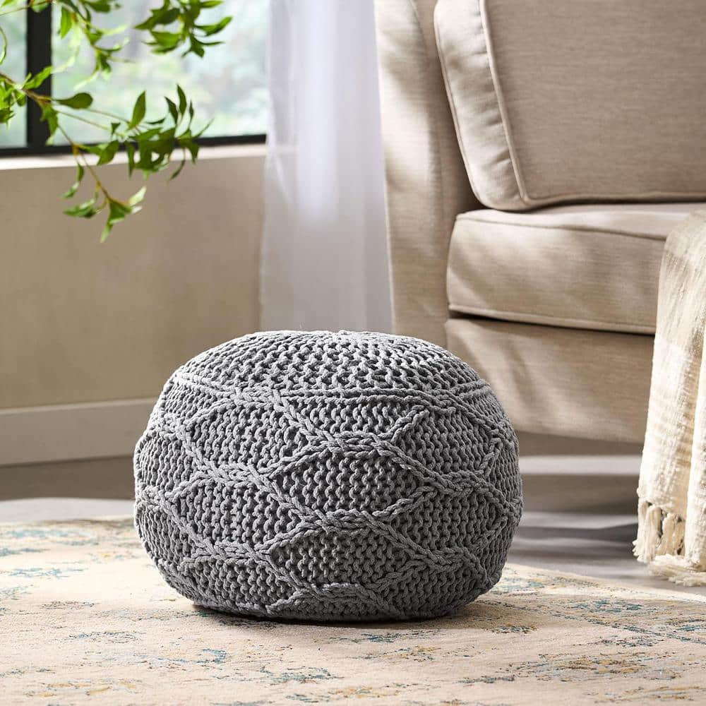 Simple Gray Knitted Wool Round Pouf