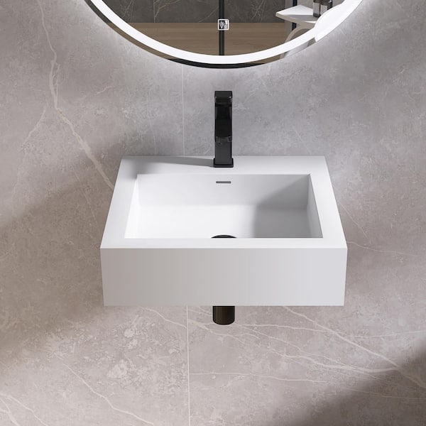 19 in. x 19 in. x 5 in. H Solid Surface Wall-Mounted Bathroom Vessel Sink in White with Faucet Hole