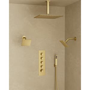 Thermostatic Valve 15- Spray 16 x 6 x 6 in. Ceiling Mount Dual Shower Head and Handheld Shower 2.5 GPM in Brushed Gold