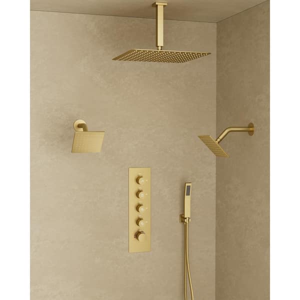 CRANACH Thermostatic Valve 15-Spray 16 x 6 x 6 in. Ceiling Mount Dual Shower Head and Handheld Shower in Brushed Gold