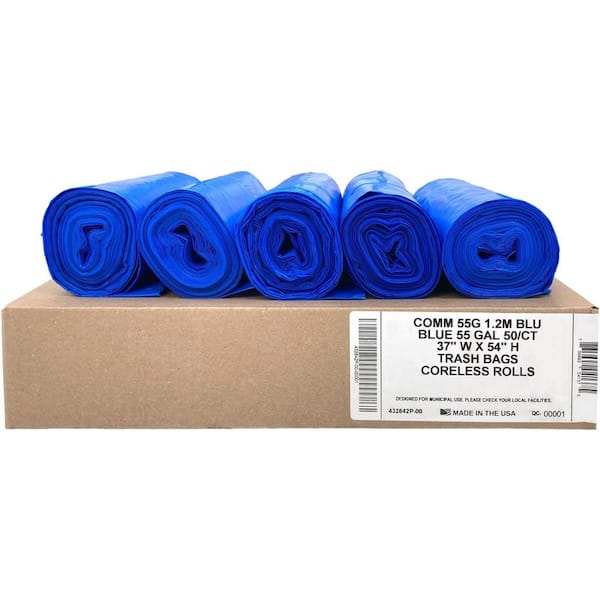 Heavy Duty 55 gal. Blue Trash Bags (Value 50-Pack) 1.5 MIL Equivalent Industrial Strength Plastic 37 in. x 54 in.
