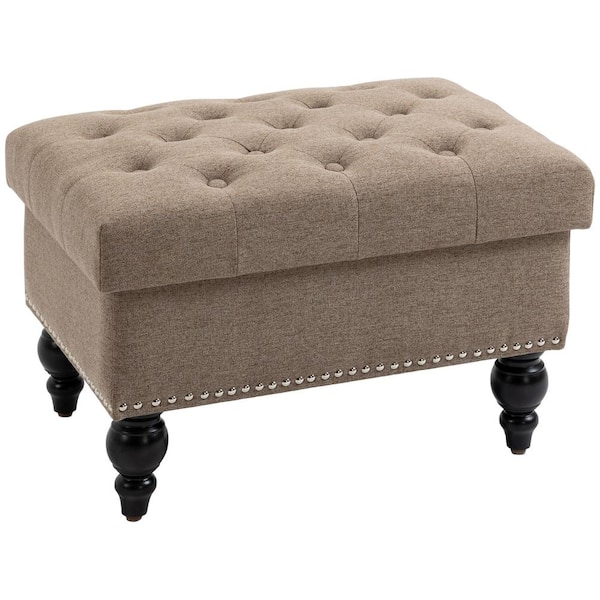 HOMCOM Brown Storage Ottoman Removable Lid Button-Tufted Fabric Bench Seat with Wood Legs 17 in. H x 25 in. W x 17.75 in. D
