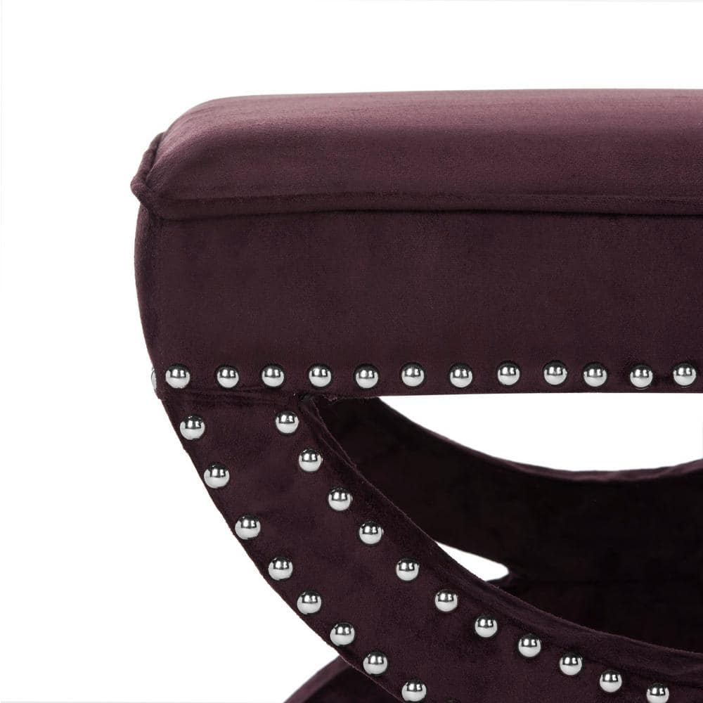 Plum Velvet Ottoman with Silver Nailhead Trim