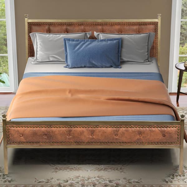 Homy Casa VELEDA Queen Brown Luxury Tufted Suede Upholstered Queen Size Platform Metal Bed Frame with Box Spring Not Required