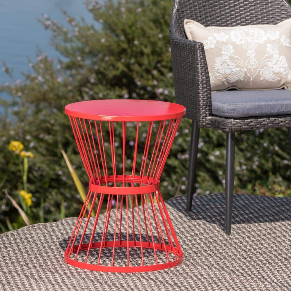 Matte Red Iron Hourglass Outdoor Side Table