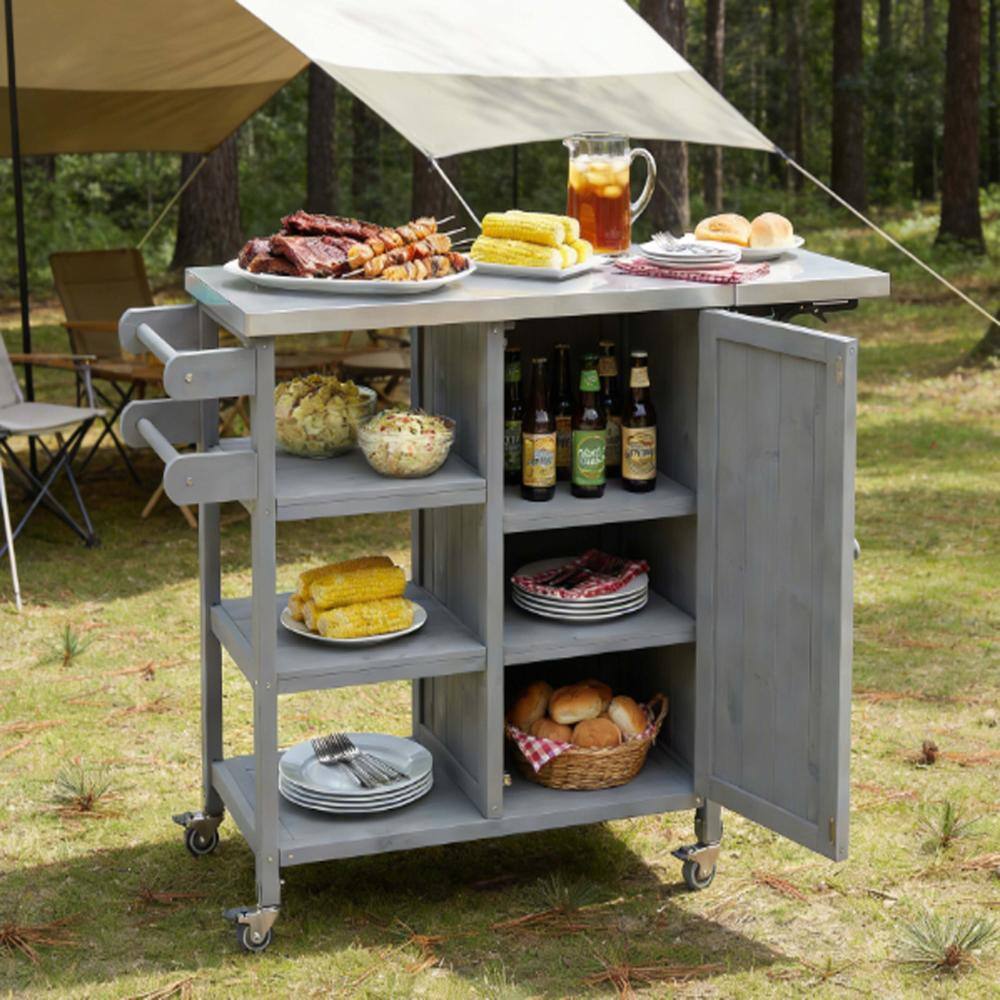 Gray Wood Outdoor Grill Cart with Stainless Top and Cabinet for Patio, Garden, Backyard price history on PriceWatchPro
