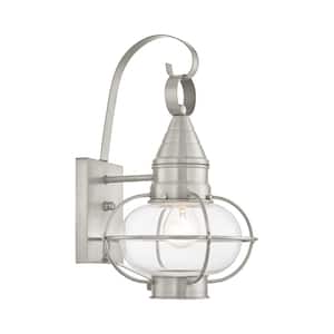 Hennington 14.75 in. 1-Light Brushed Nickel Outdoor Hardwired Wall Lantern Sconce with No Bulbs Included