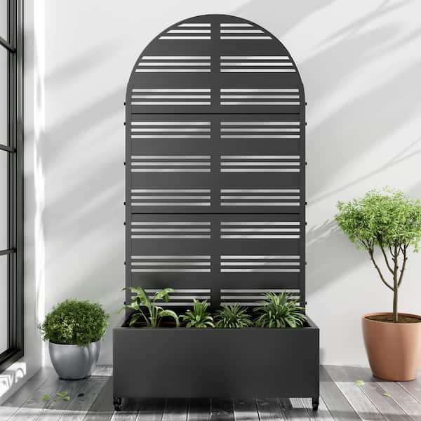 Lirago 72 in. x 35 in. Arch Black Outdoor Metal Privacy Screen Raised Planter Box Wall Decor