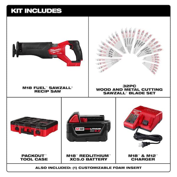 M18 FUEL 18V Brushless SAWZALL w/ PACKOUT Box, 5. 0Ah Battery, Charger with SAWZALL 32-Pc Blade Set