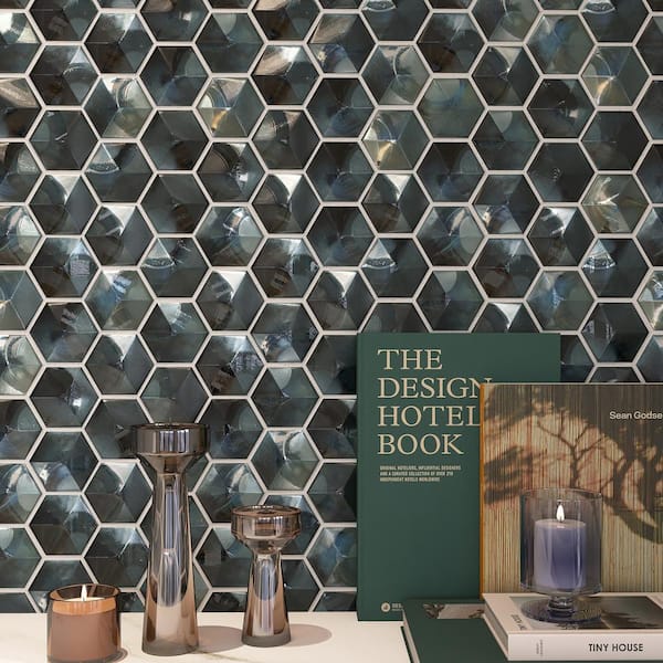 Aurora Blue 10.32 in. x 11.82 in. Hexagon Glossy Glass Mosaic Tile (8.5 sq. ft./Case)