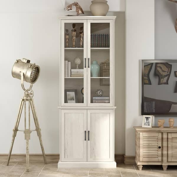 FUFU&GAGA Vintage Style Beige Wood Grain 81.7 in. H Accent Storage Cabinet, Bookcase, Display Cabinet with 5-Shelves and 4-Doors