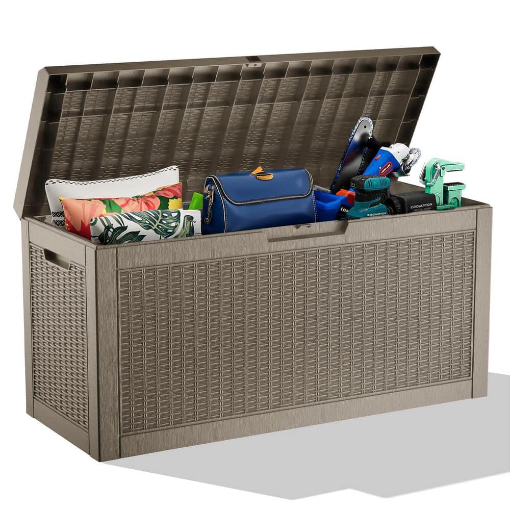 75 Gal. Light Brown Outdoor Storage Box Deck Boxes Outdoor Waterproof with Wheels