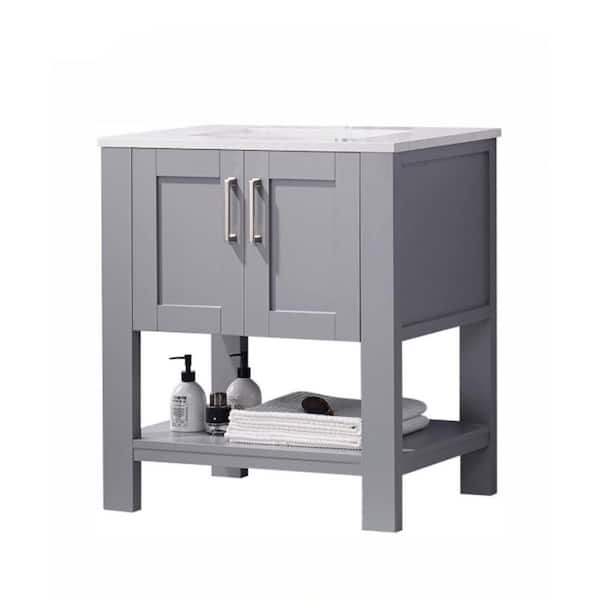 UKISHIRO 30 in. W x 22 in. D x 33.85 in. H Bath Vanity in Gray with Marble Countertop and Ceramic Sink in White