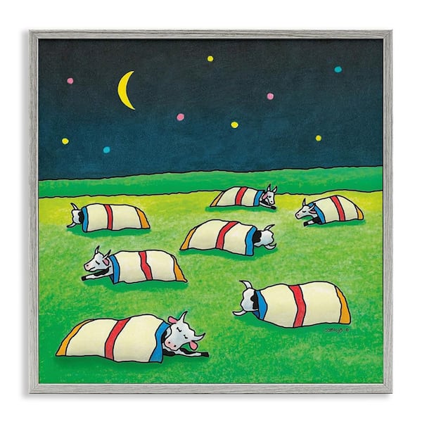 Stupell Industries Pasture Cows Bedtime by Roger Straub Gray Framed Animal Giclee Art Print 24 in. x 24 in.