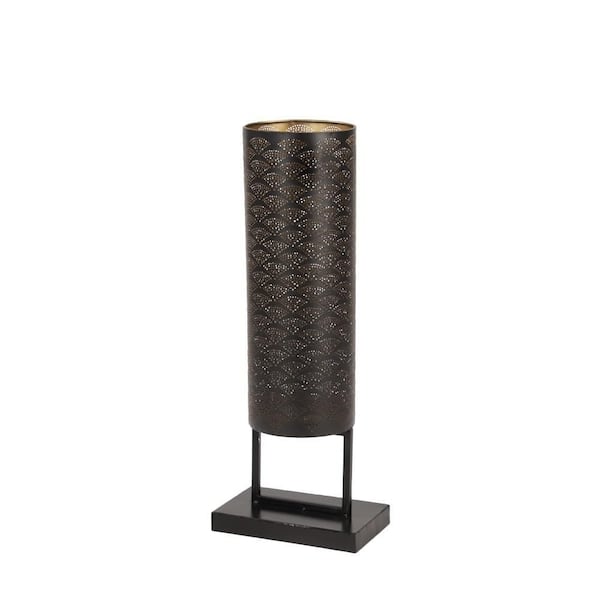Modern Style Large Black Cylinder Metal Lantern Candle with Pierced Metal Boho Pattern on Metal Base