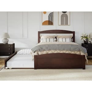 Warren 53-1/2 in. W Walnut Full Wood Frame with Twin Pull Out Trundle Bed Footboard and USB Charger Platform Bed