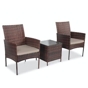 Alvino 3-Piece Wicker Rattan Outdoor Patio Bistro Set, Chairs with Thick Coffee Cushion and Glass Top Coffee Table