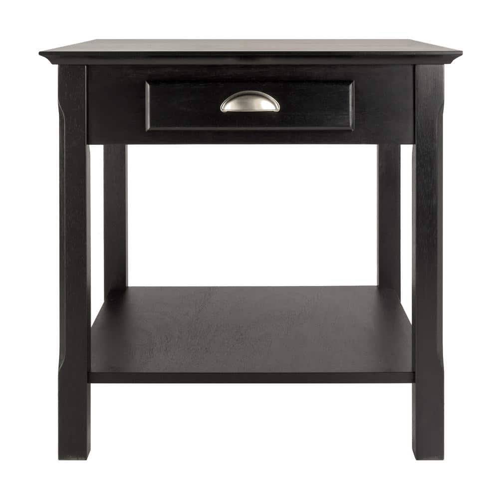 Transitional Timber Black Wood End Table with Drawer and Shelf