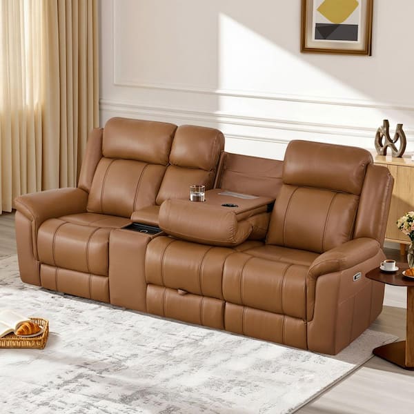 Philip 102.36 in. Rolled Arm 3-Piece Genuine Leather Reclining Sofa in Saddle with Dual Motors and Flip-Down Console